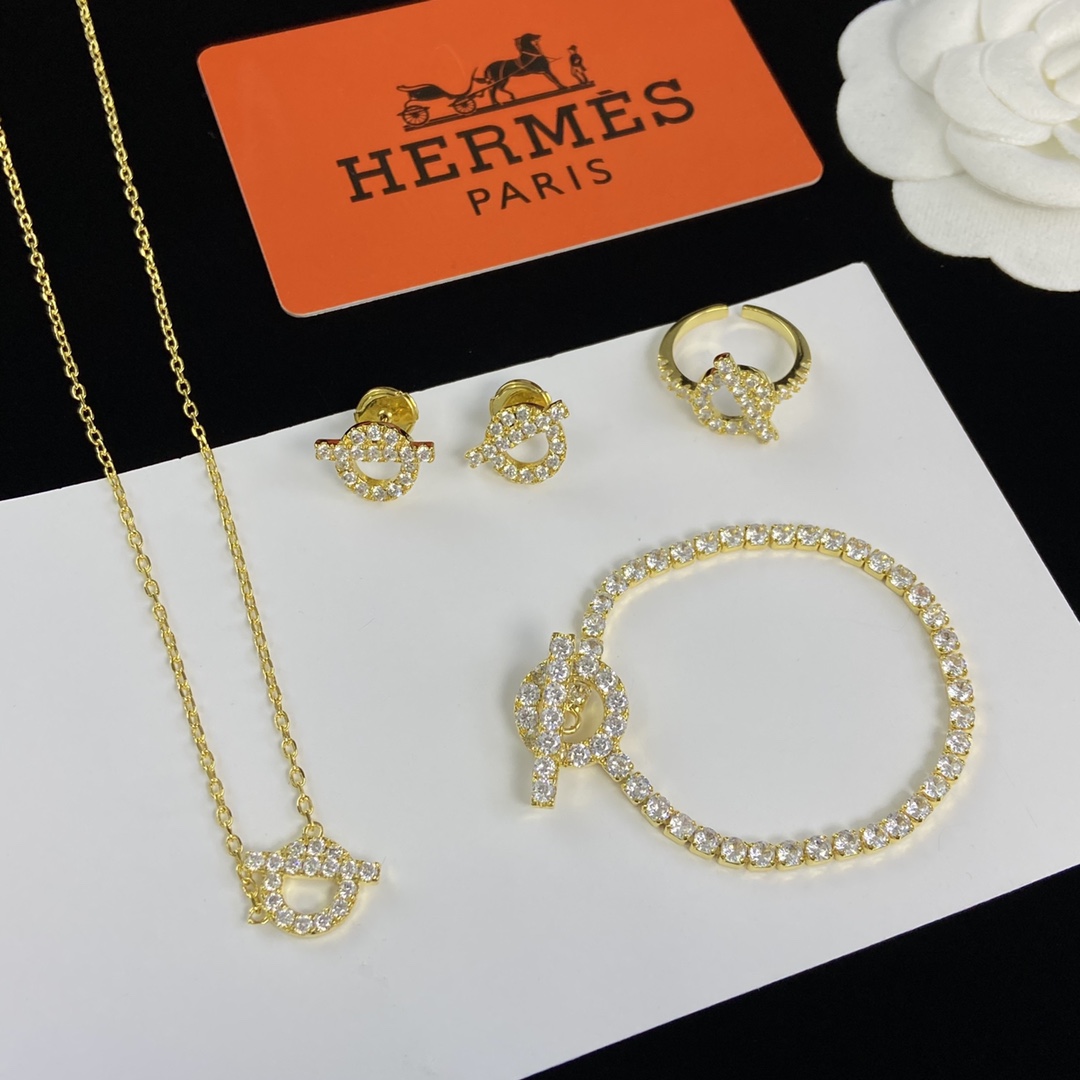 TOP HERMES Necklace Earrings Bracelet Ring Set - Gold