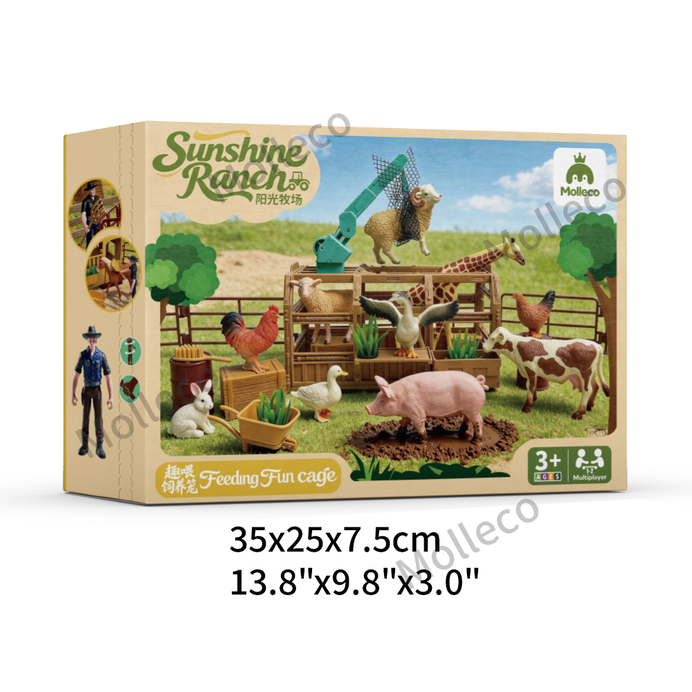 Molleco Animal Figure Toy Set for Kids and Children ST078 11 Animals + Farmer + Animal Cage + Props
