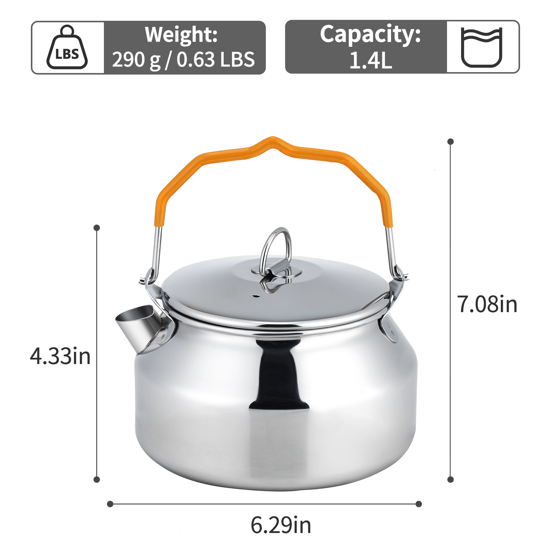 1.4L 304 Stainless Steel Camping Kettle for All Stoves Silver
