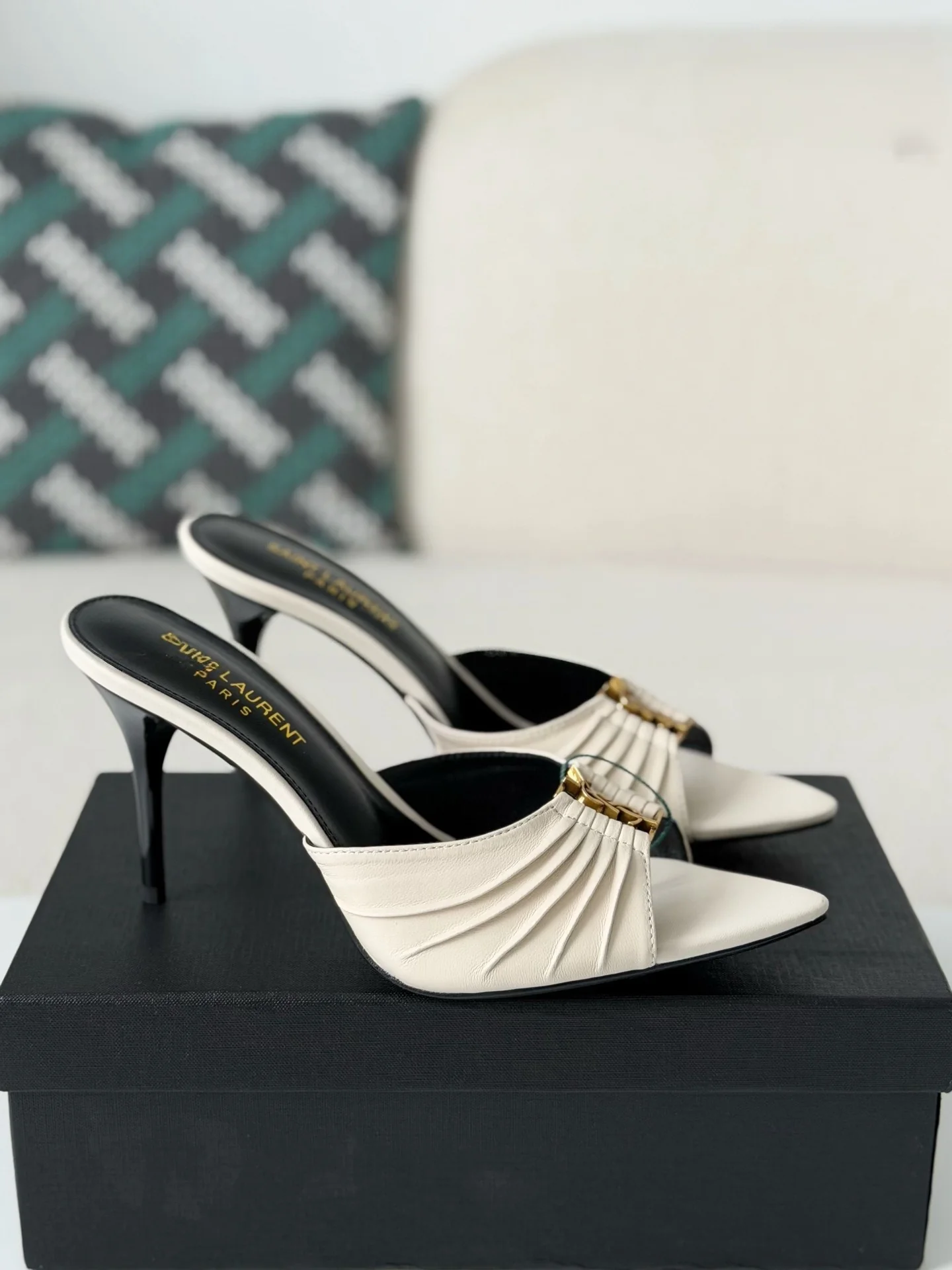 AAASandal Women Luxury Ruched Leather Stiletto Mules Point Open Toe Slide Heel Sandals With Gold Logo