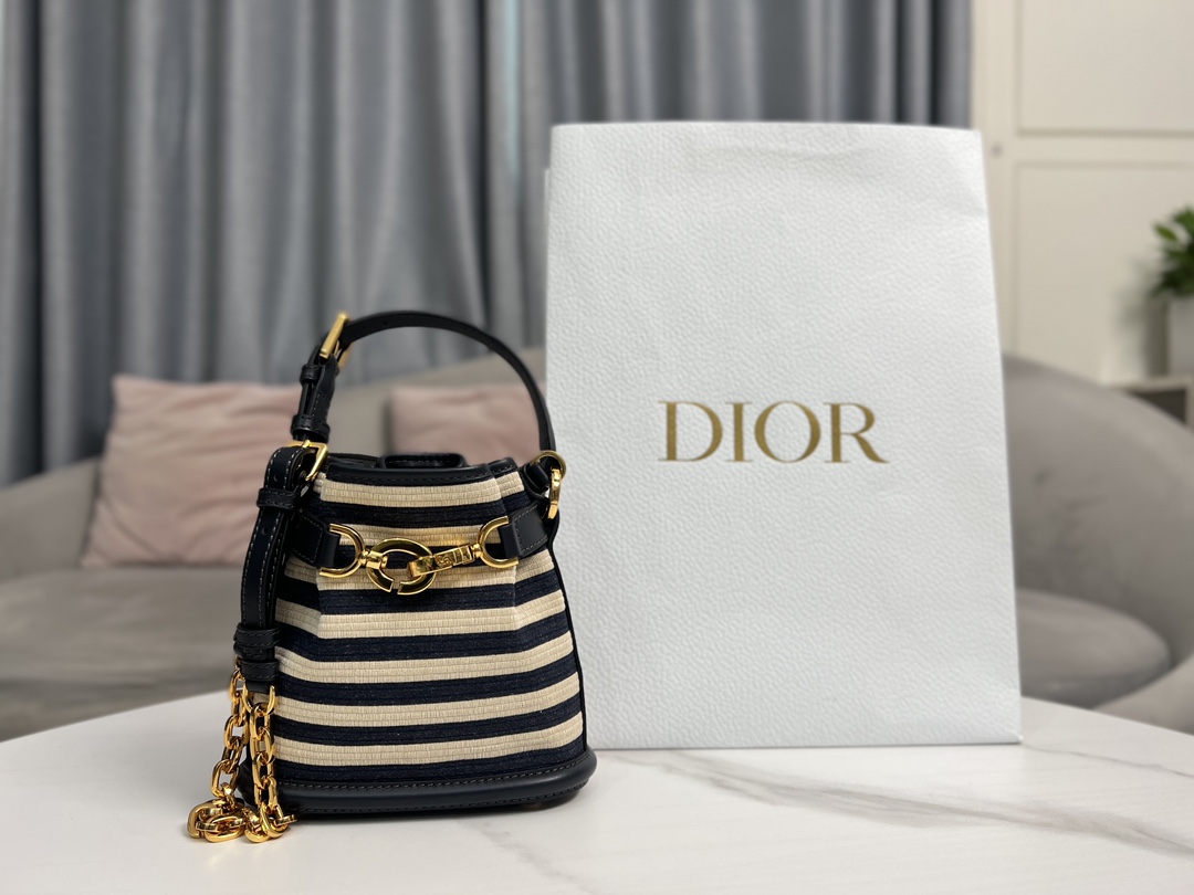 TOP Christian Dior Navy Style Deep Blue Striped Bucket Bags 17 x 7 x 18 cm/24 x 10 x 24.5 cm - GHW