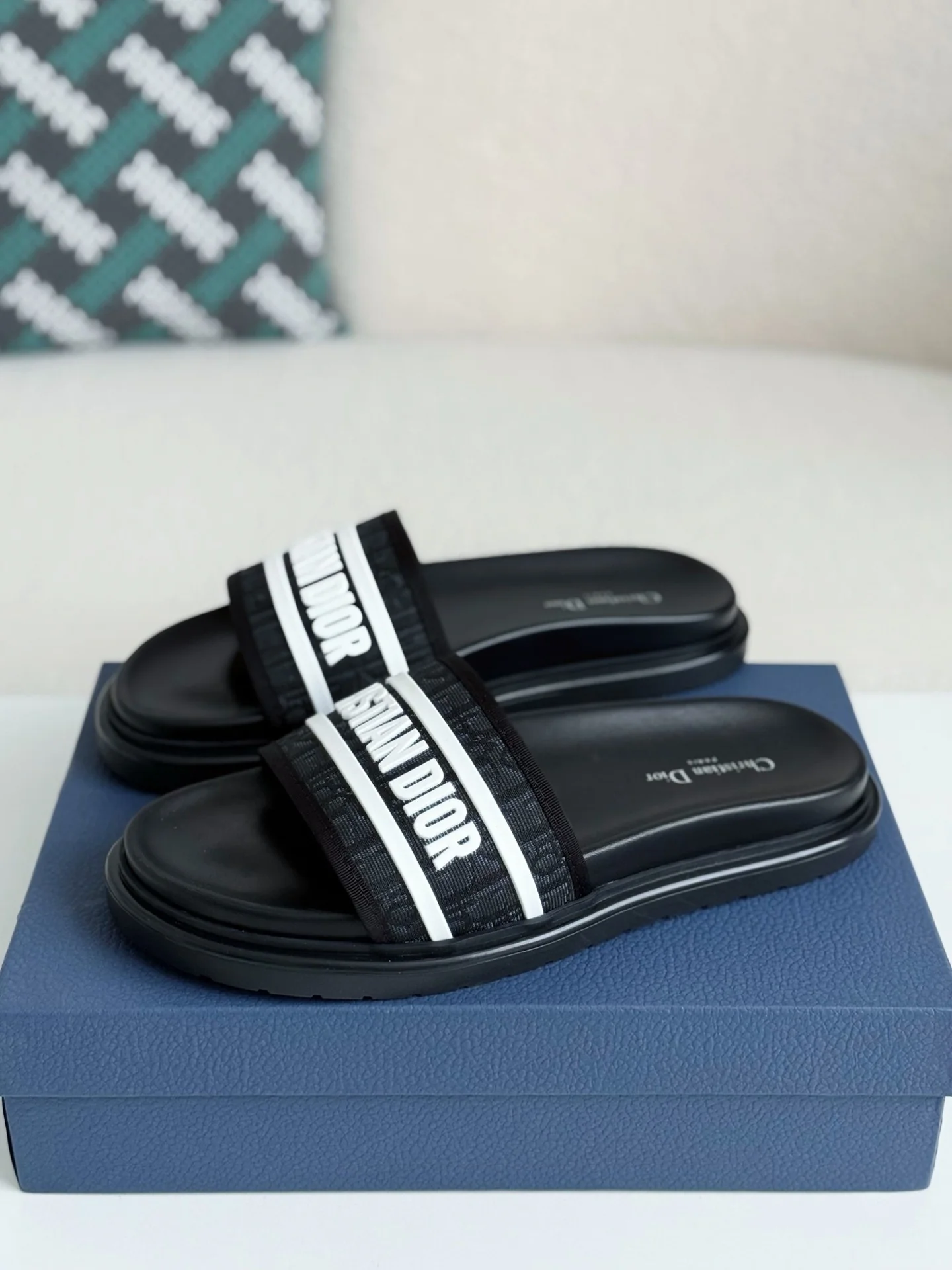 Women Jacquard Webbing Slide Sandals, Black White Letter Decor Thick Platform Open‑Toe Slip‑On Summer Casual Beach Slippers