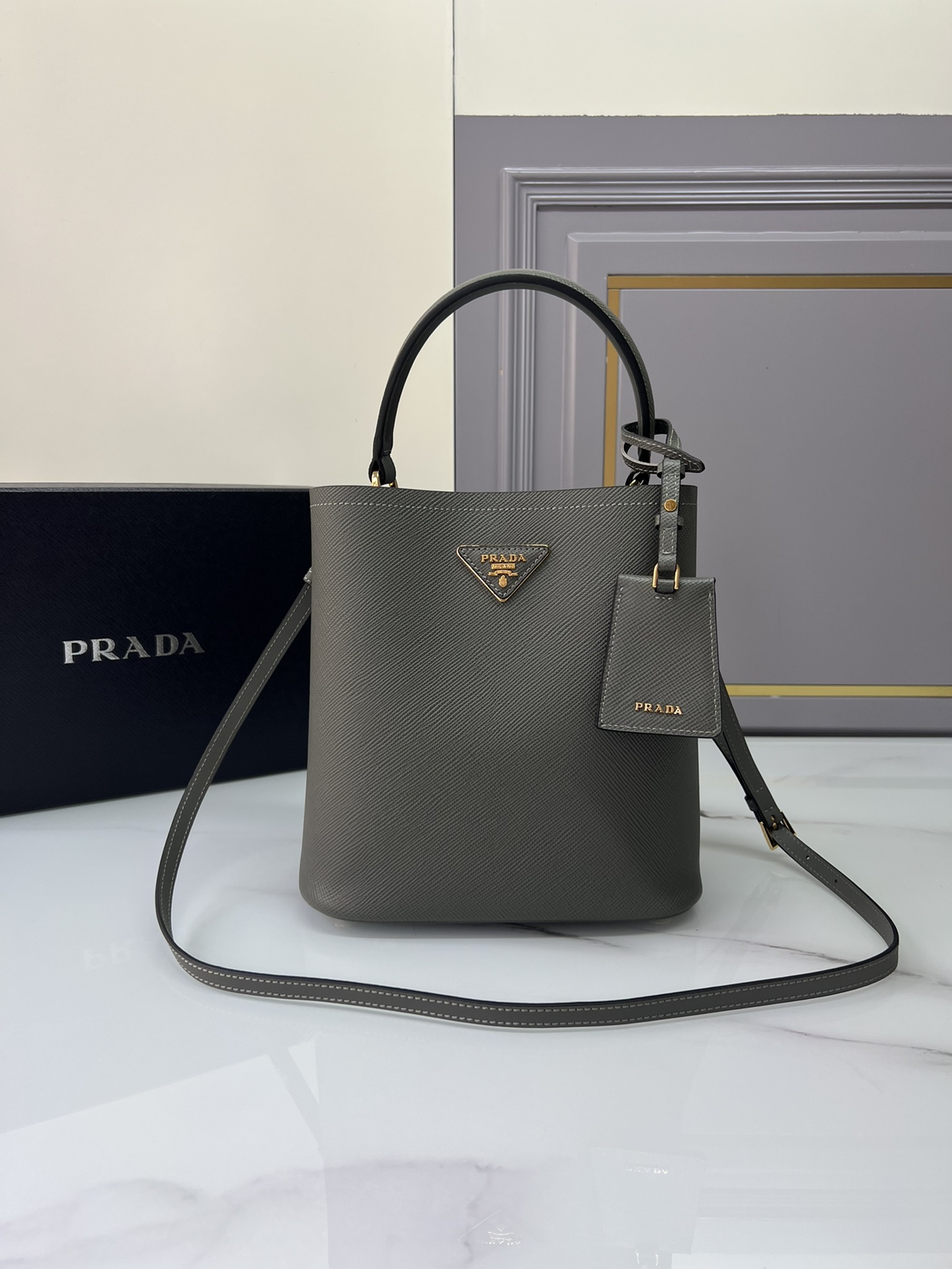 TOP PRADA Double Bucket Bag Saffiano Cross Pattern Cowhide 22x23x13cm - 4 Color