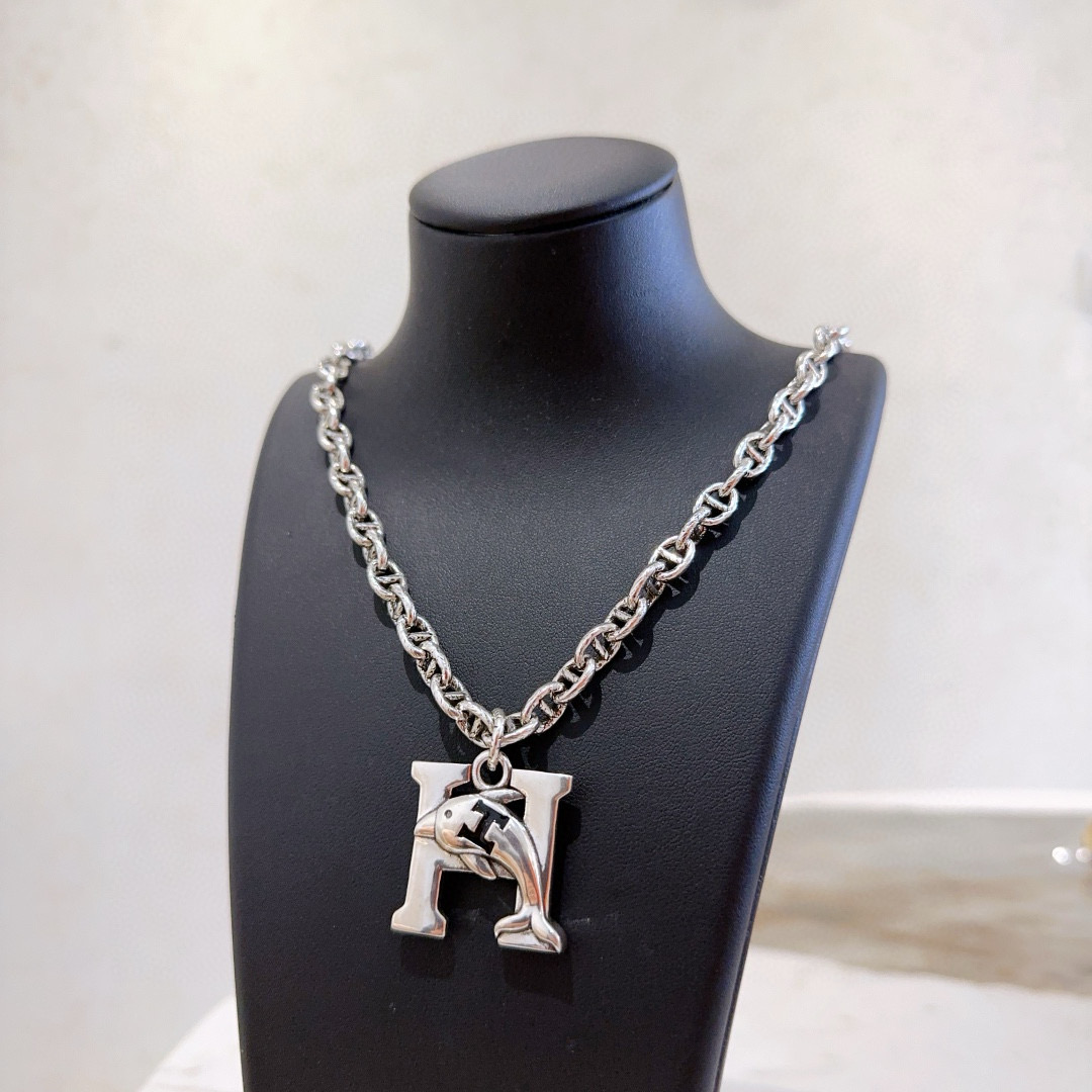 TOP HERMES H Long Necklace-Sliver