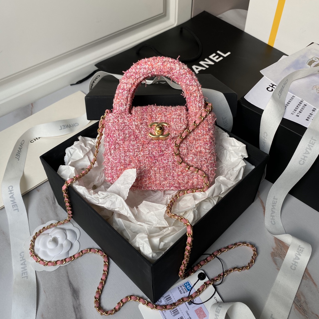 TOP CHANEL 24p Woolen Handbags - 12cm/19cm - GHW&Rose Red