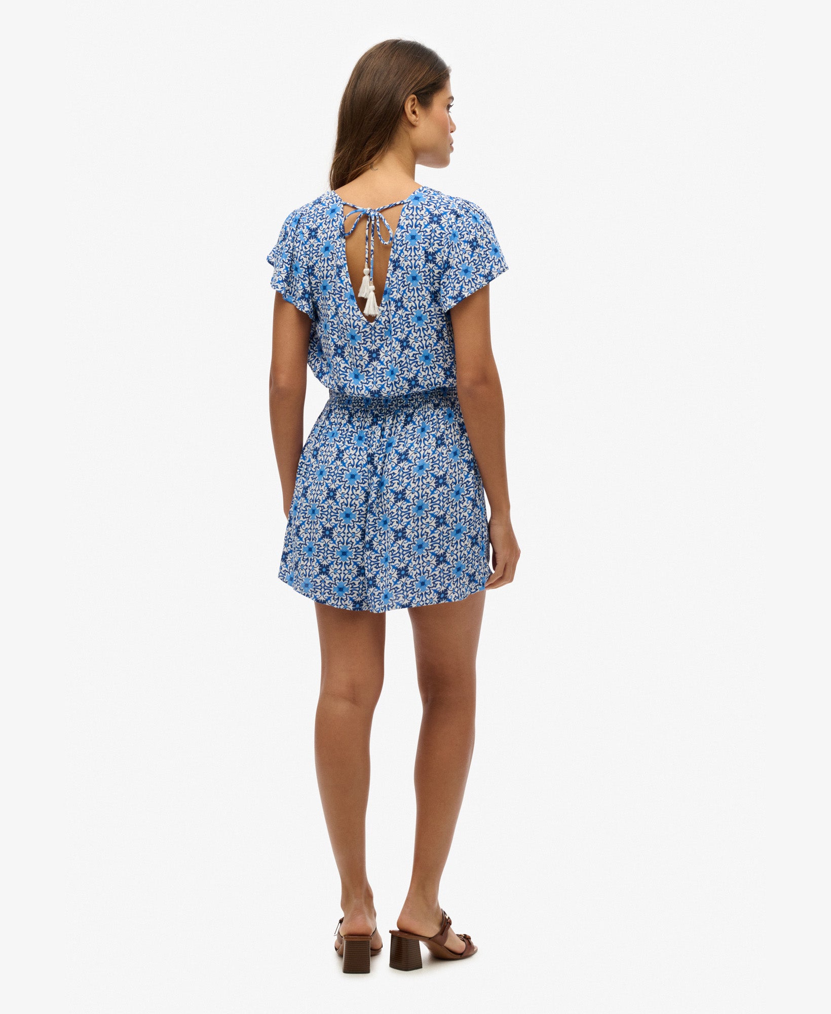 Short Sleeve Printed Playsuit | Tala Tile Border Blue