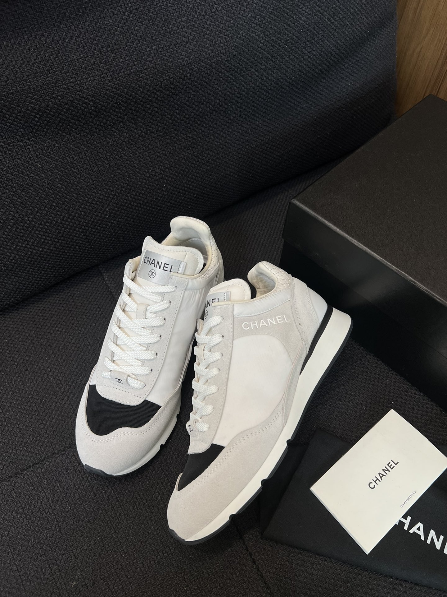 TOP CHANEL Cow Suede Patchwork Space Cloth Sports Shoes - 2 Colors