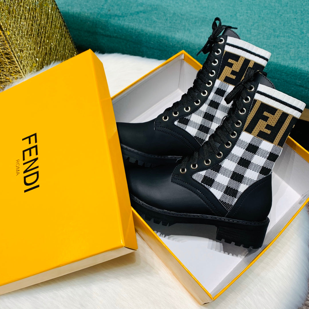 TOP FENDI Gingham Sock Lace Up Boots - Black and White Checkers