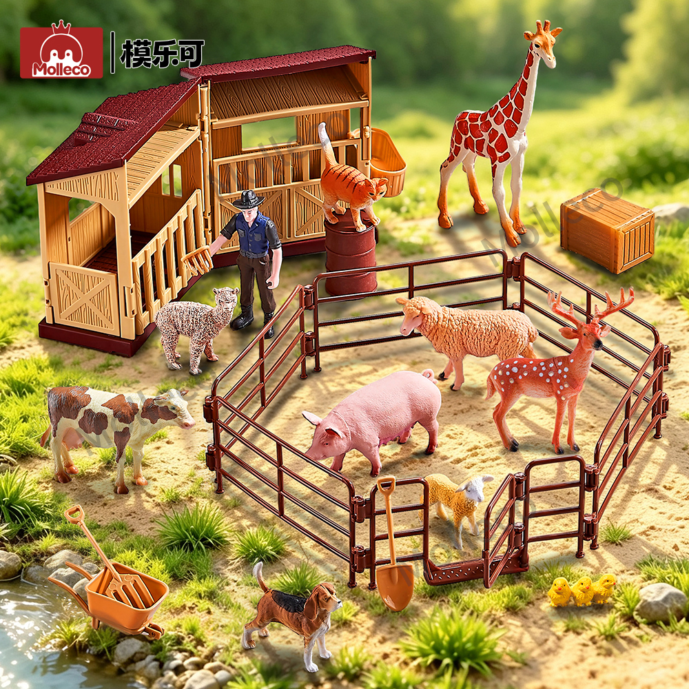 Molleco Animal Figure Toy Set for Kids and Children ST079 12 Animals + Farmer + Feeding Shed + Props