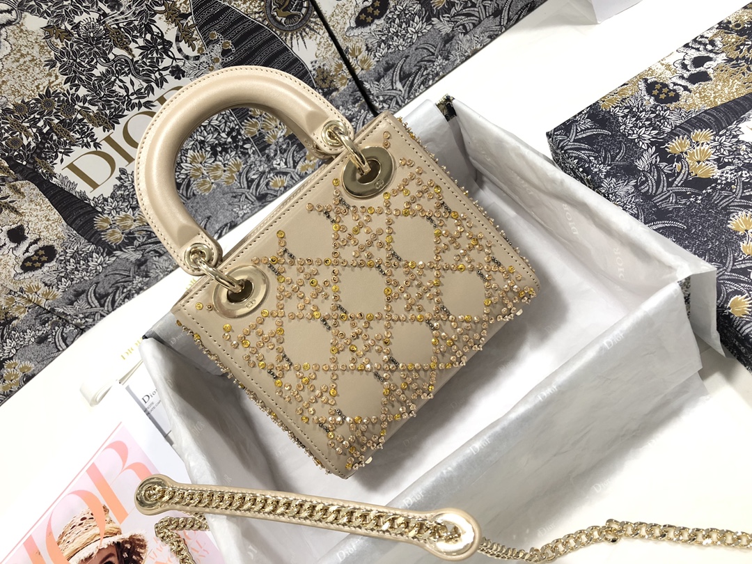 TOP Christian Dior Mini Lady Dior Embroidered Handbag - Apricot Color - GHW