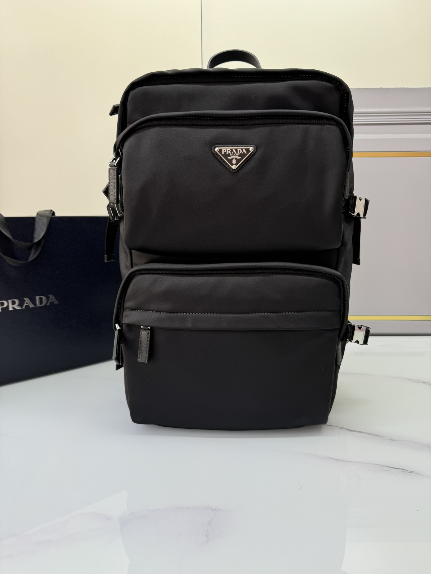 TOP PRADA Nylon Fabric Multi-Functional Backpack 25.5x21.5x45cm - Black