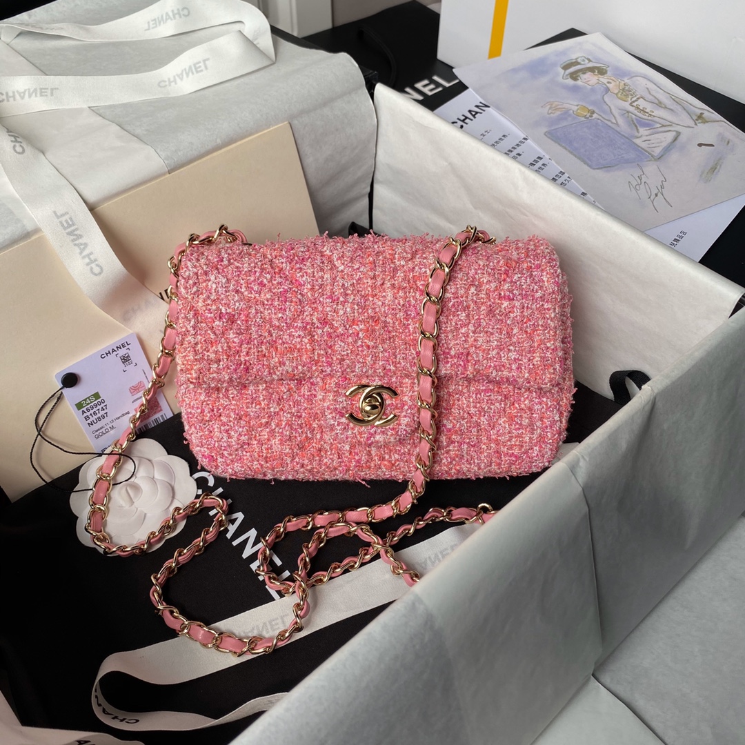 TOP CHANEL Classic Flap Bag Woolen 20cm/25cm - Pink&GHW