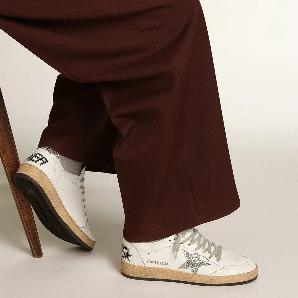 Golden Goose Ball Star nappa with white star and glitter heel tab (Replica)
