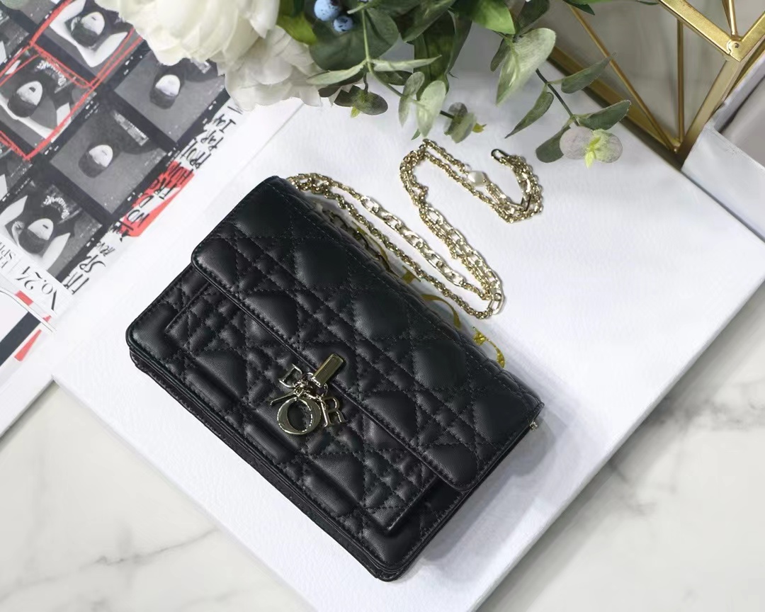 TOP Christian Dior Chain Pouch Lambskin 19.5 x 12.5 x 5cm -2 Colors- Black&Red