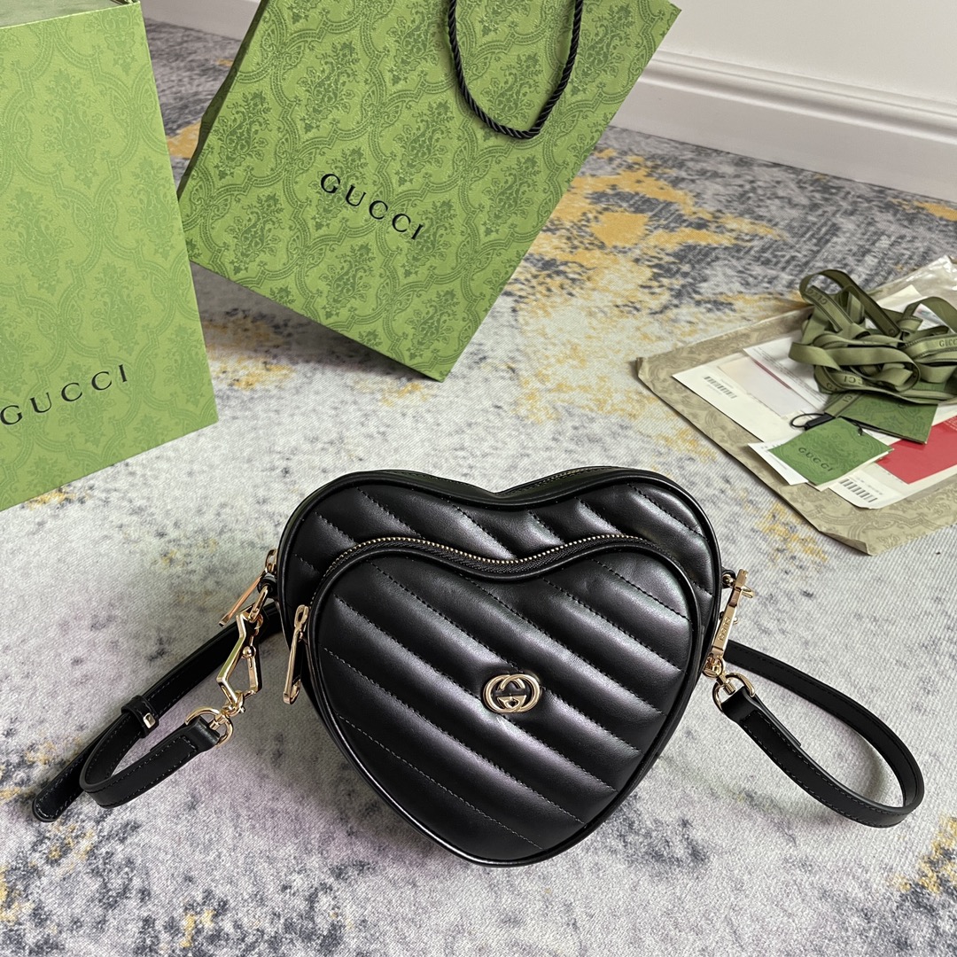 TOP GUCCI G*G Heart Shaped Leather Bag 20X17.5X6.5CM - Black