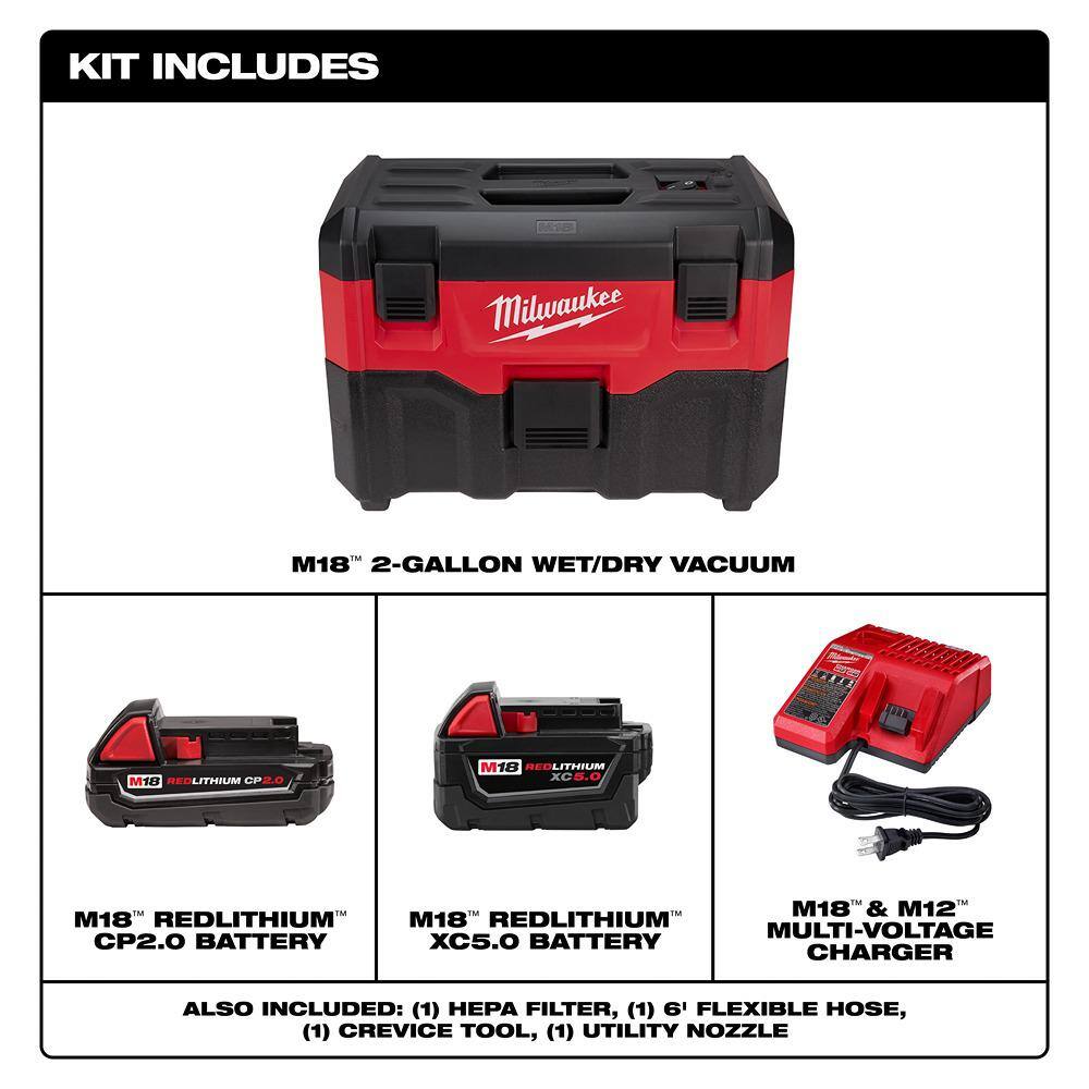 M18 18-Volt 2 Gal. Lithium-Ion Cordless Wet/Dry Vacuum w/One 5.0 Ah and One 2.0 Ah Battery and Charger
