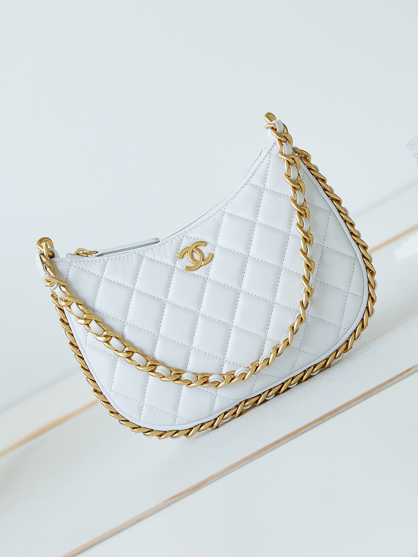 TOP CHANEL Chain Hobo Bags - 15×23.5×2cm/18×29×2cm - White&GHW
