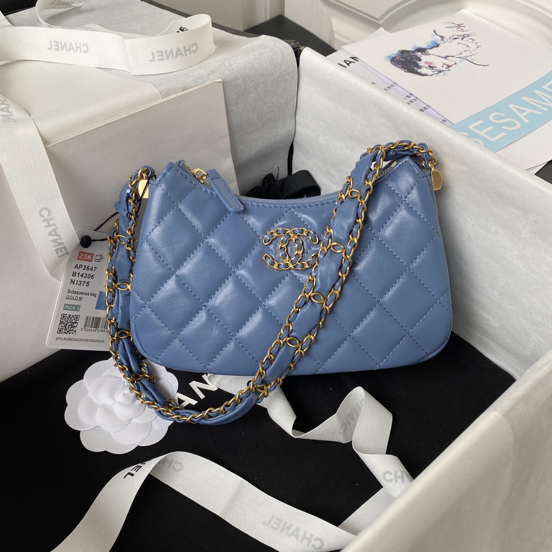 TOP CHANEL Hobo 23khobo Wrinkled Cowhide Bag - GHW&Blue - 13.5×23.5×5.3cm/12×20.5×4.5cm
