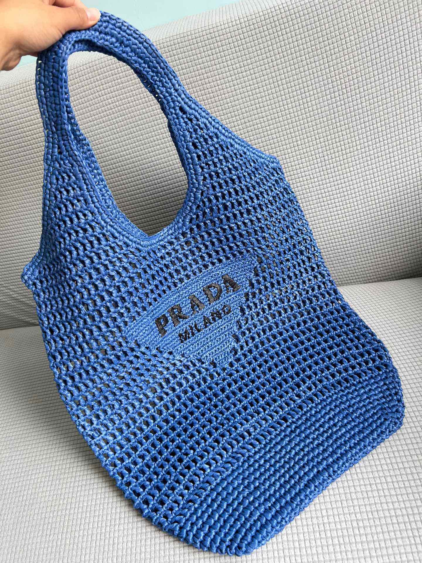 TOP PRADA Straw Shopping Bag 39x34cm - Blue