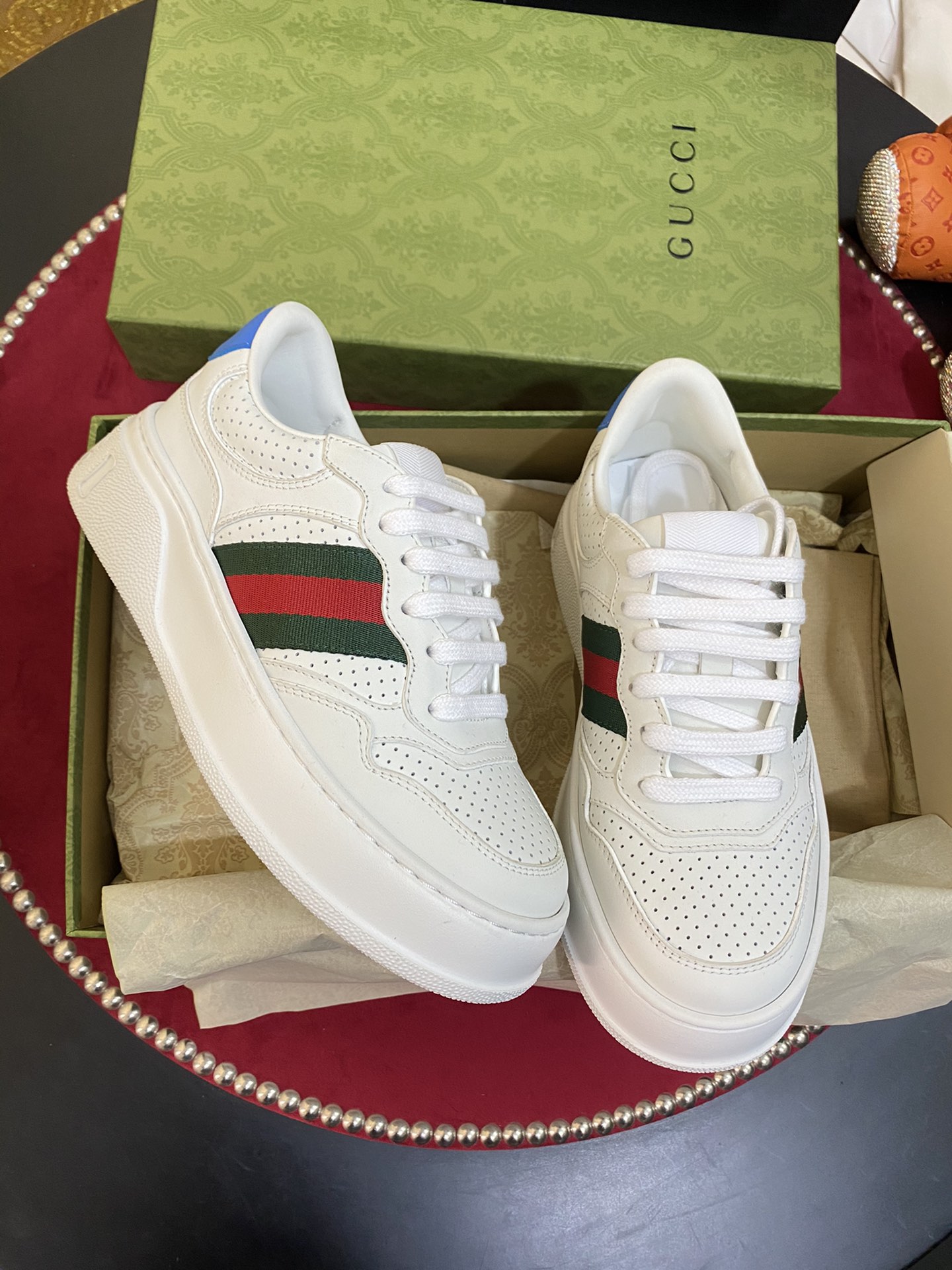 TOP GUCCI Double G Embossed Leather Rubber Platform Sneakers - White