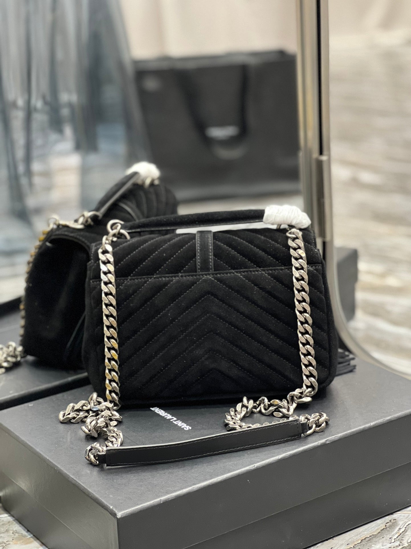 TOP Yves Saint Laurent YSL College Fringe Suede Small Bag - Black SHW