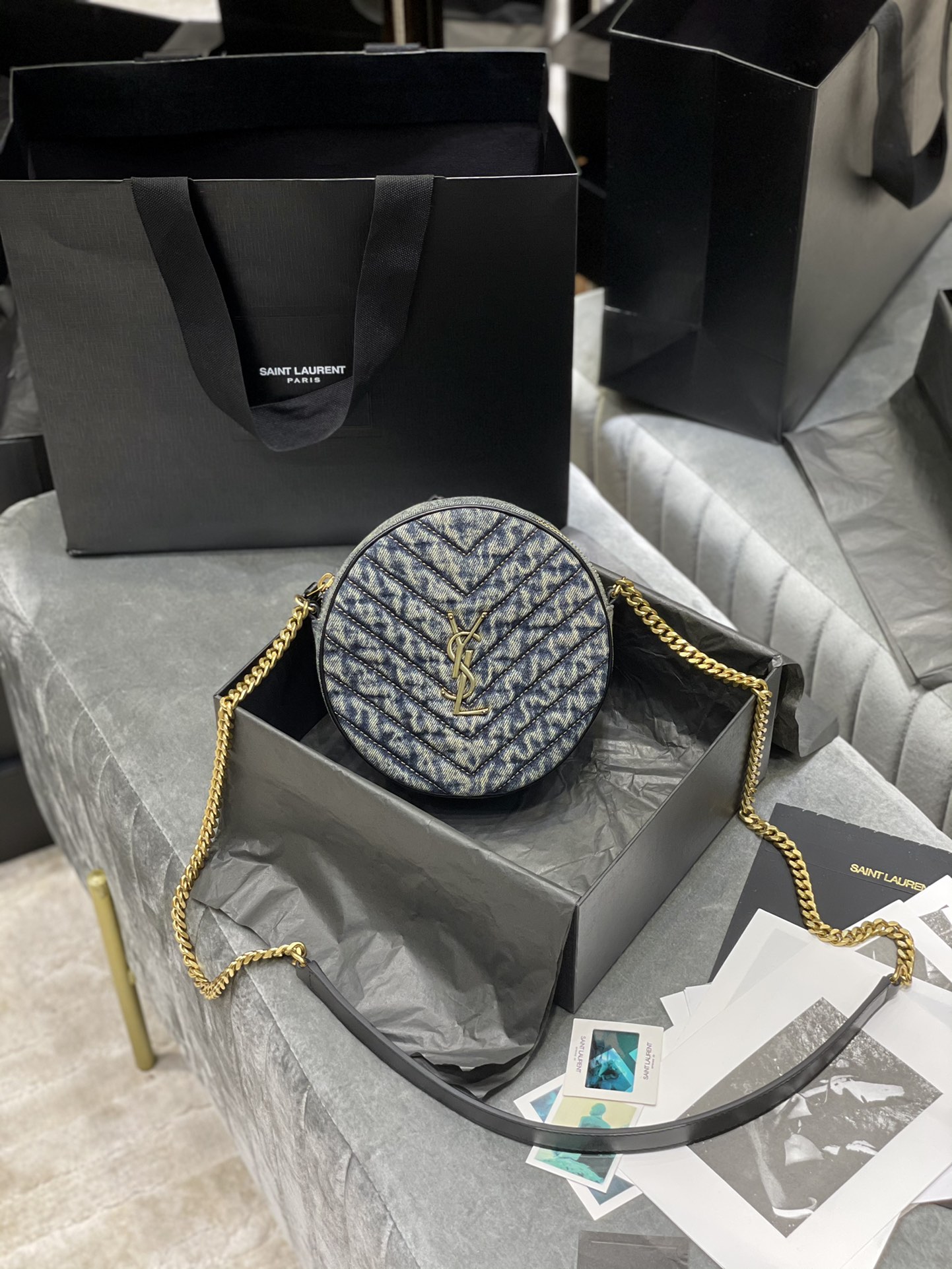 TOP Yves Saint Laurent YSL VINYLE Bag 17cm - Denim Blue - Black Shoulder Strap