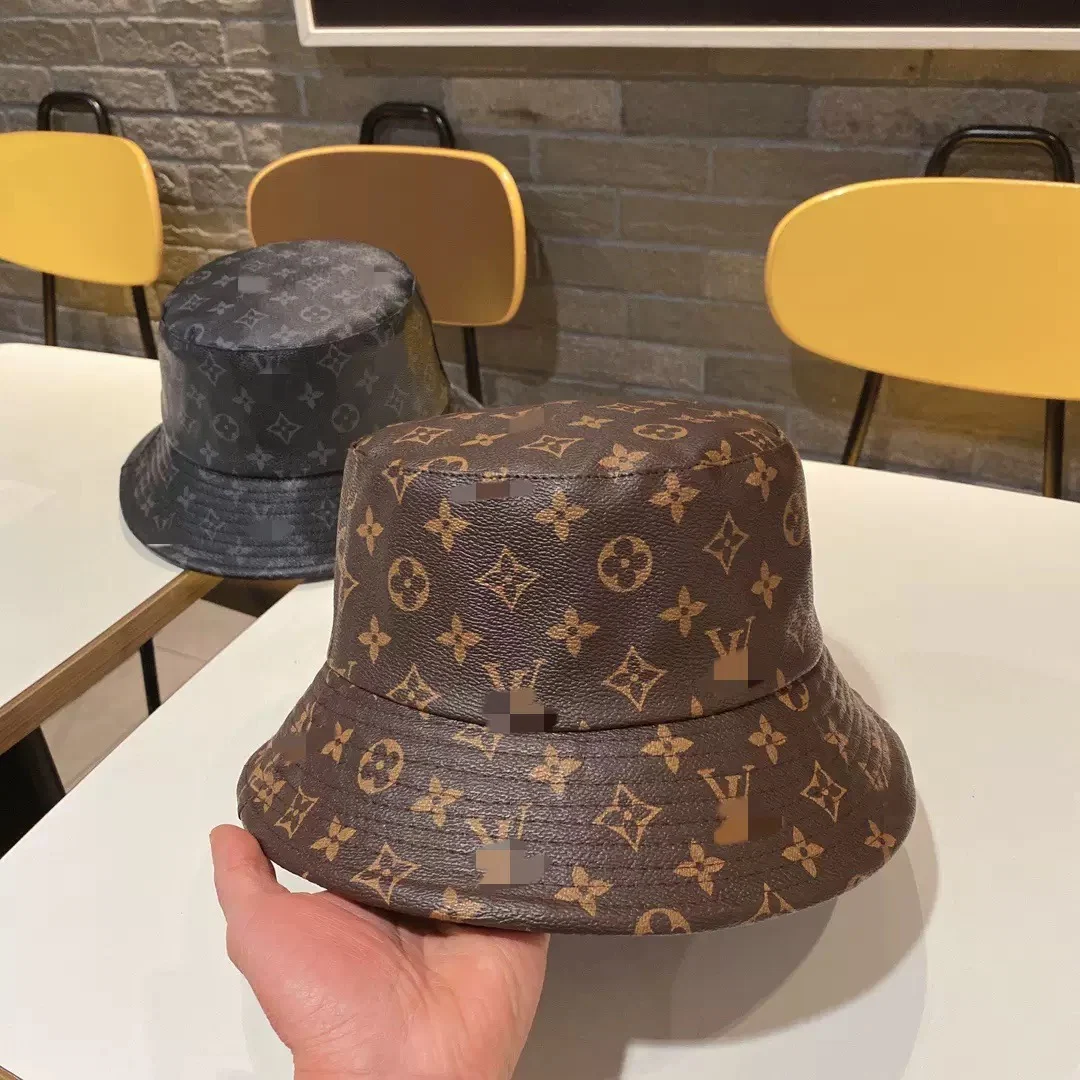 AAACAT Fashion Vintage Monogram PU Leather Bucket Hat Unisex Outdoor Sun Protection Fisherman Cap