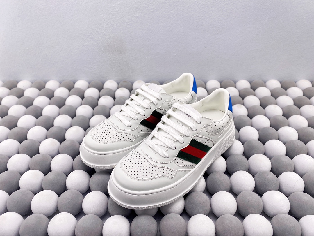 Gucci White Web‑Stripe Platform Leather Sneakers Blue Heel Complete Original Gift Box Set Shoes