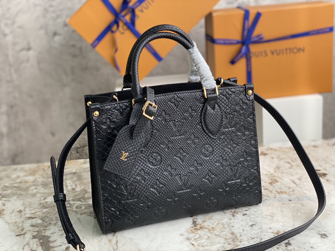 TOP Louis Vuitton LV On The Go Tote Bag Monogram Lizard Pattern Calfskin 25x11x19cm - Black