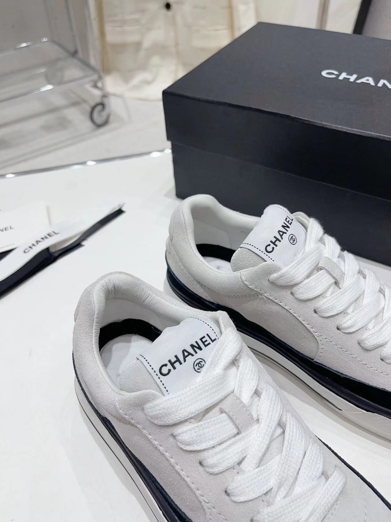 Chanel Women Platform Sneakers White Suede Black Trim Chunky Sole Lace‑Up Casual Shoes