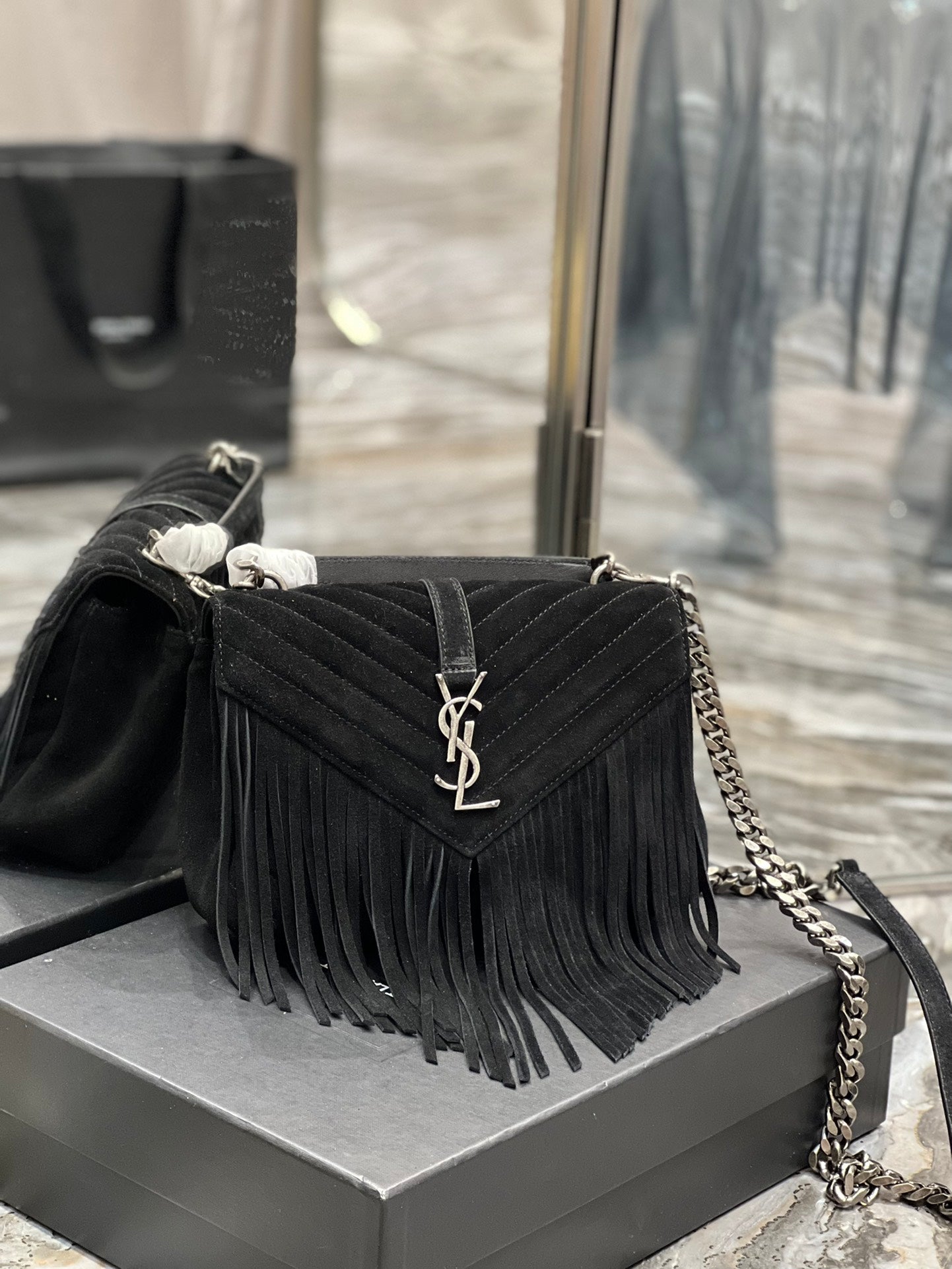 TOP Yves Saint Laurent YSL College Fringe Suede Small Bag - Black SHW