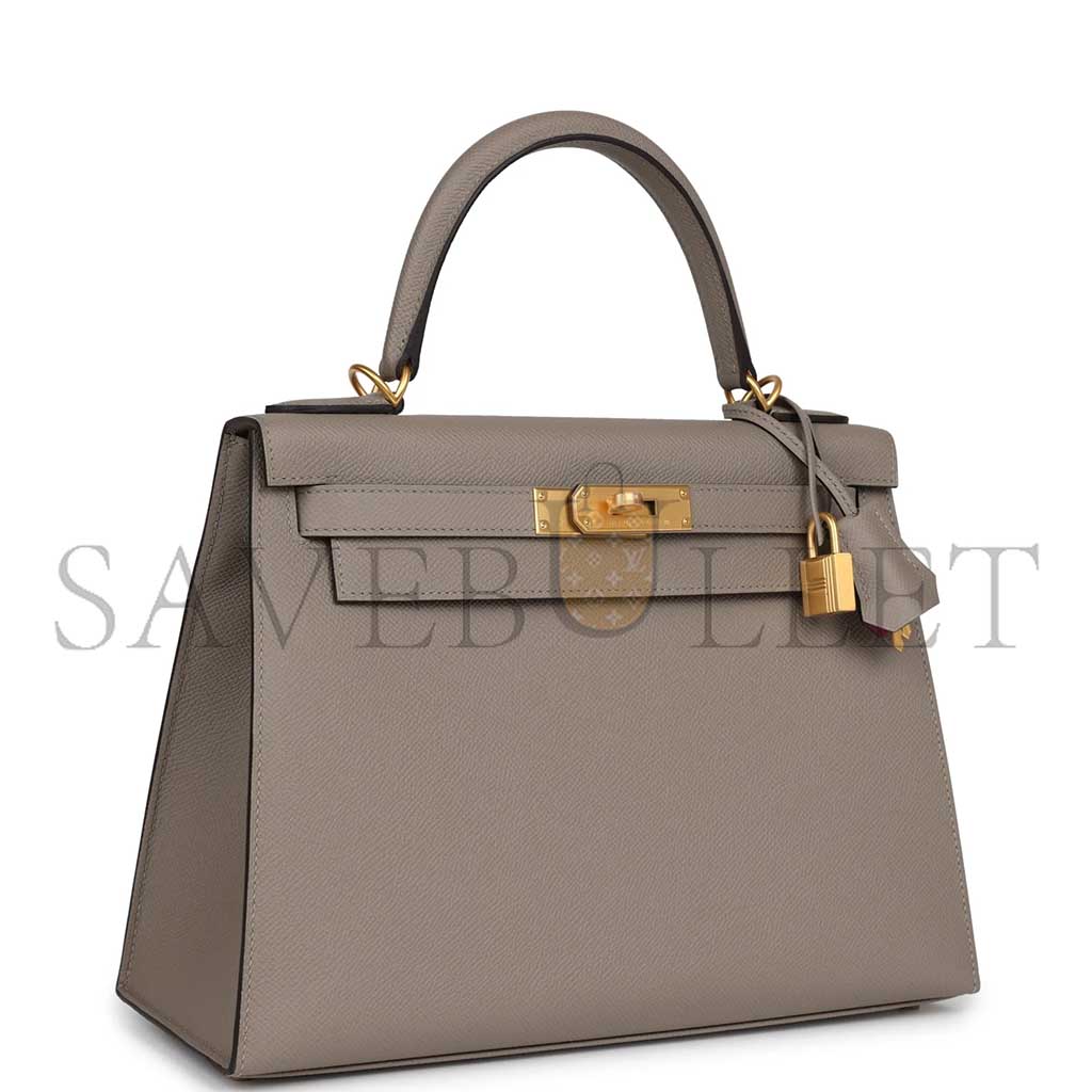 HERMÈS KELLY SELLIER 28 GRIS ASPHALTE VERSO EPSOM BRUSHED GOLD HARDWARE (28*22*10cm)