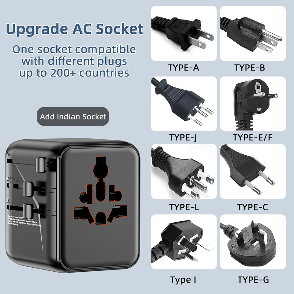 2AC 2500W PD 35W Fast Charger Multi Plug Socket Universal Travel Power Adapter with 2A3C Gan Travel Adapter