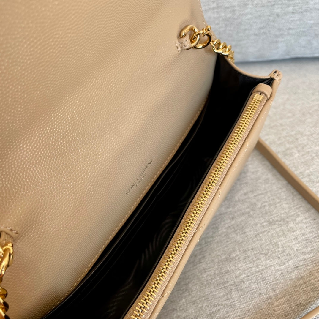 TOP Yves Saint Laurent YSL Envelope Chain Wallet Grain Leather - Beige