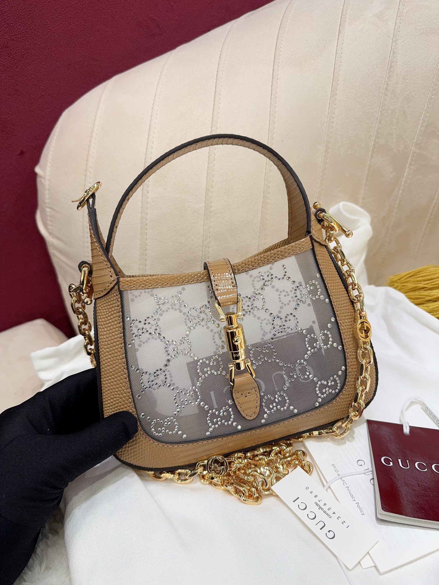 TOP GUCCI Jackie 1961 Tote Bag Diamond with Lizard Skin Mini 19x13x3cm - Brown