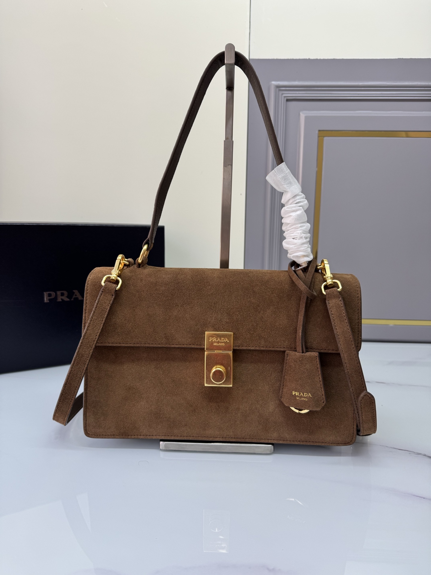 TOP PRADA Soft Sound Handbag Chamois 28x16x10cm - Brown