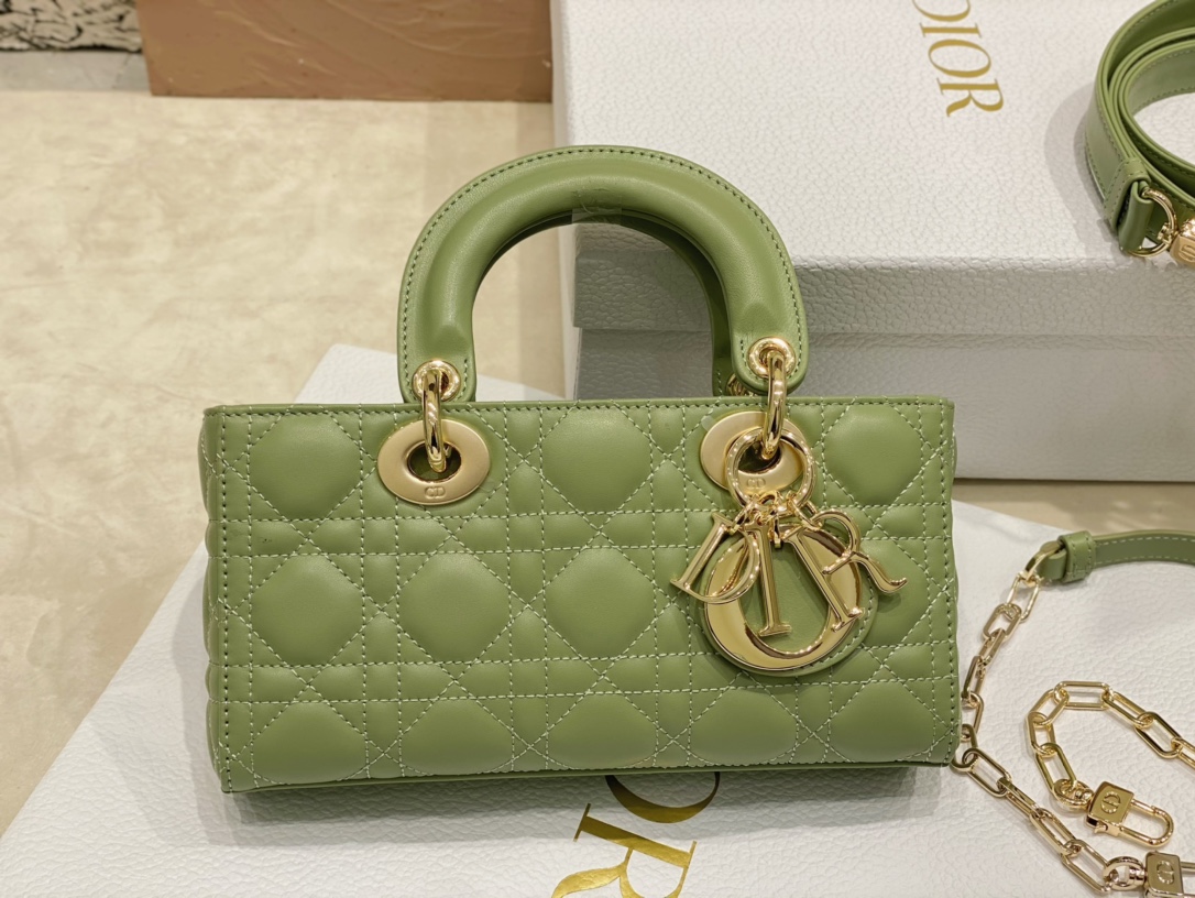 TOP Christian Dior Soft Lambskin Lady D-Joy Bags 22cm - Green&GHW