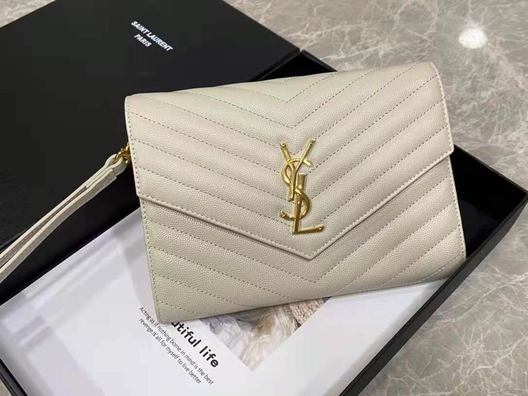 TOP Yves Saint Laurent YSL Cassandre Matelasse Flap Pouch Grain Leather - White