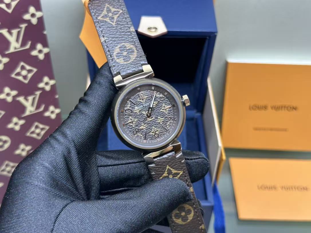 Louis Vuitton Monogram Leather Strap Automatic Mechanical Watch for Men & Women, Skeleton Case Back Wristwatch