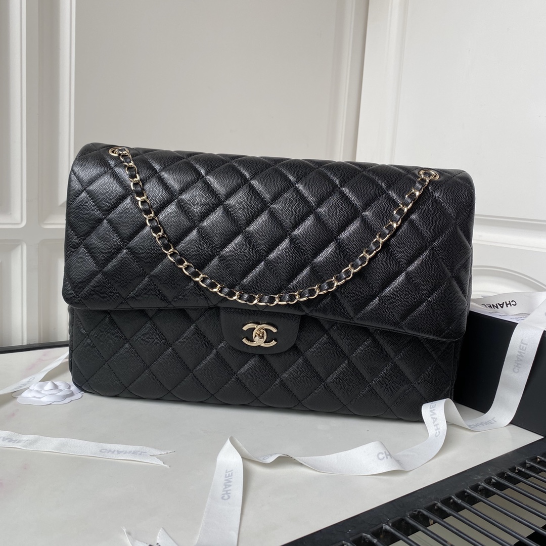 TOP CHANEL Oversized Calfskin Flab Bag 27×38×12cm - Black&GHW