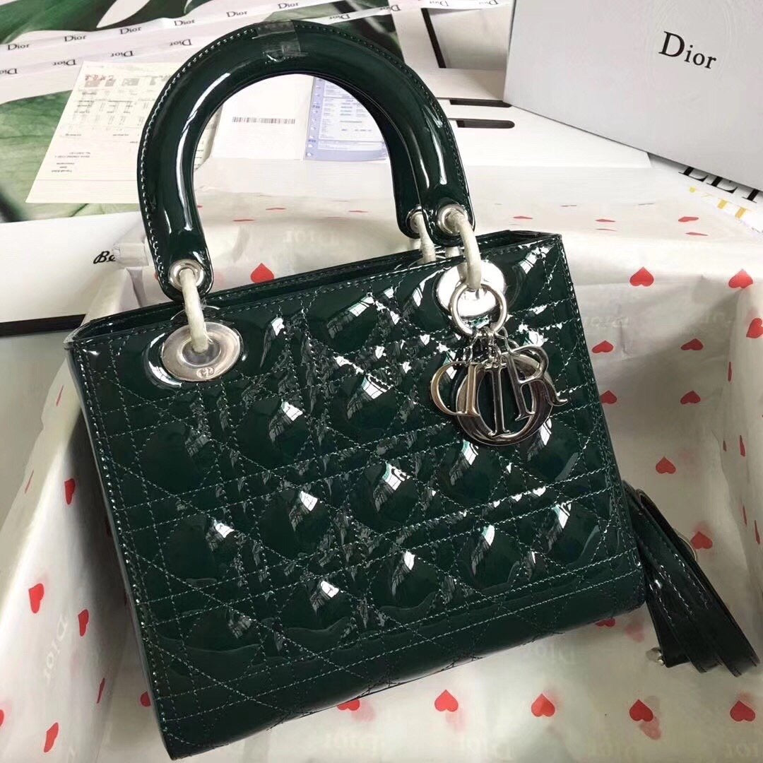 TOP Christian Dior Lady Christian Dior Bag Patent Cannage Medium - Dark Green SHW