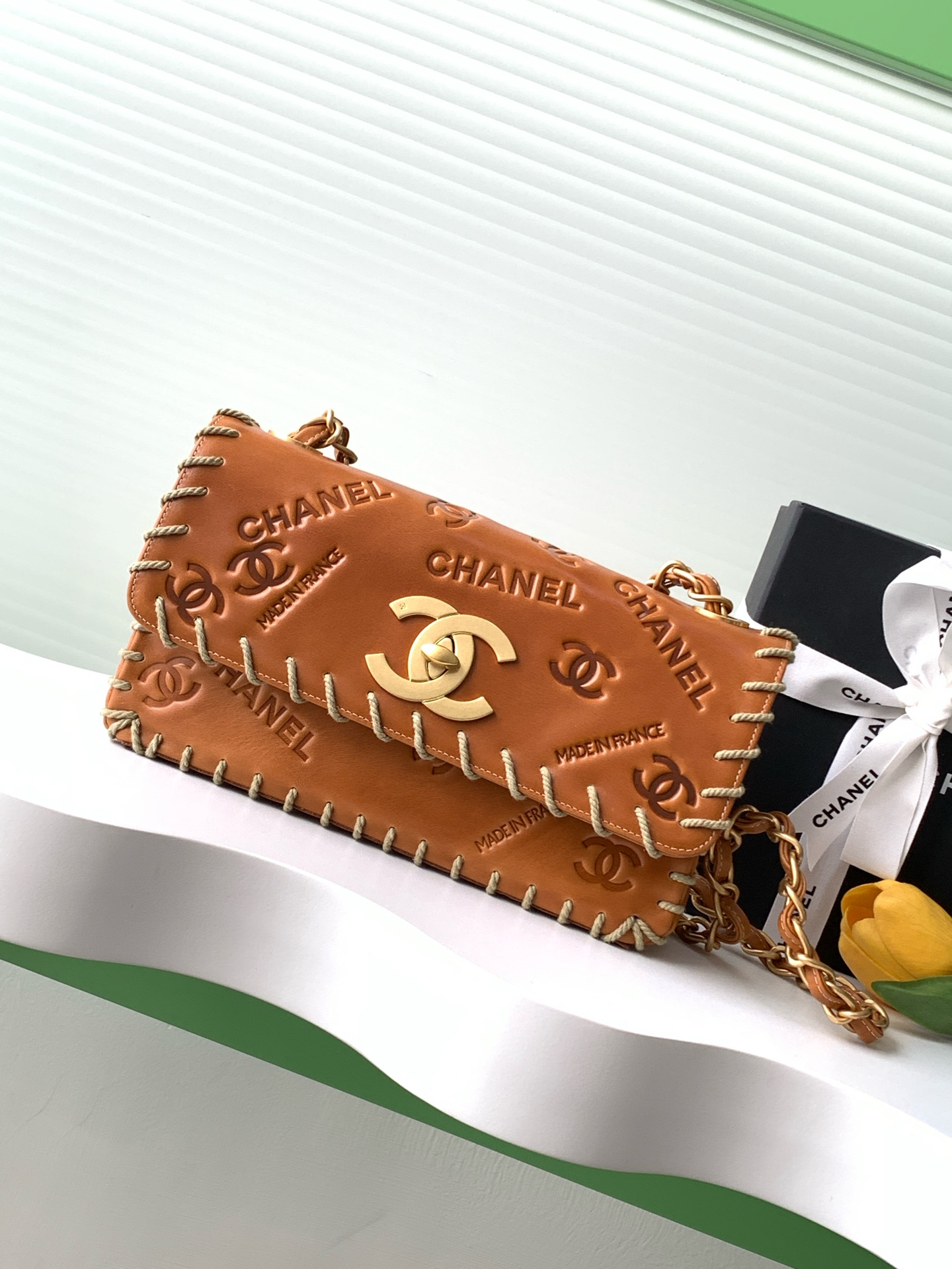 TOP CHANEL Vintage Classic Flap Bag with Logo+Embossed Letters + Weaving 25cm - Brown