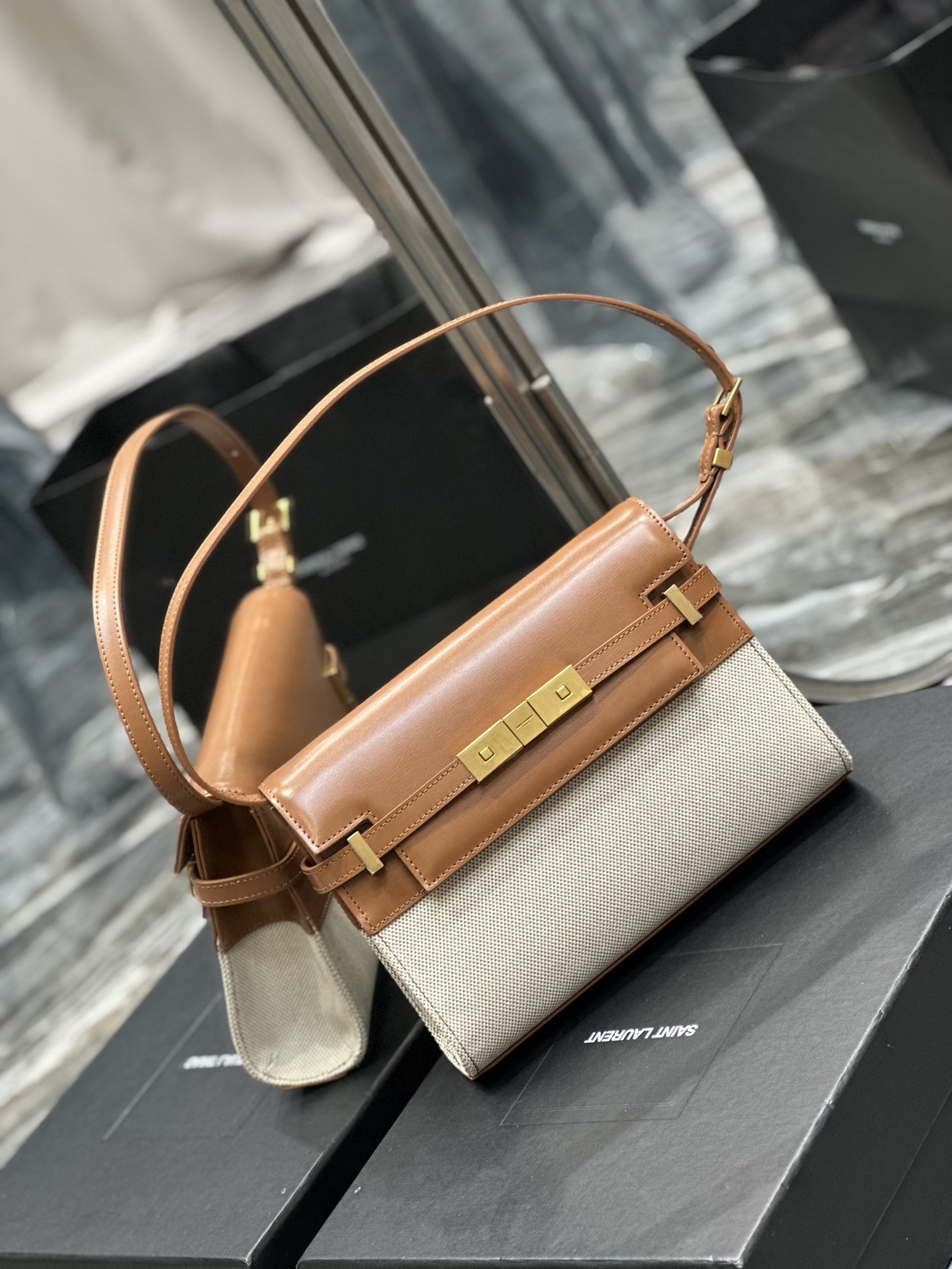 TOP Yves Saint Laurent YSL Manhattan Baguette Bag - Brown&GHW - 24x17.5x6cm