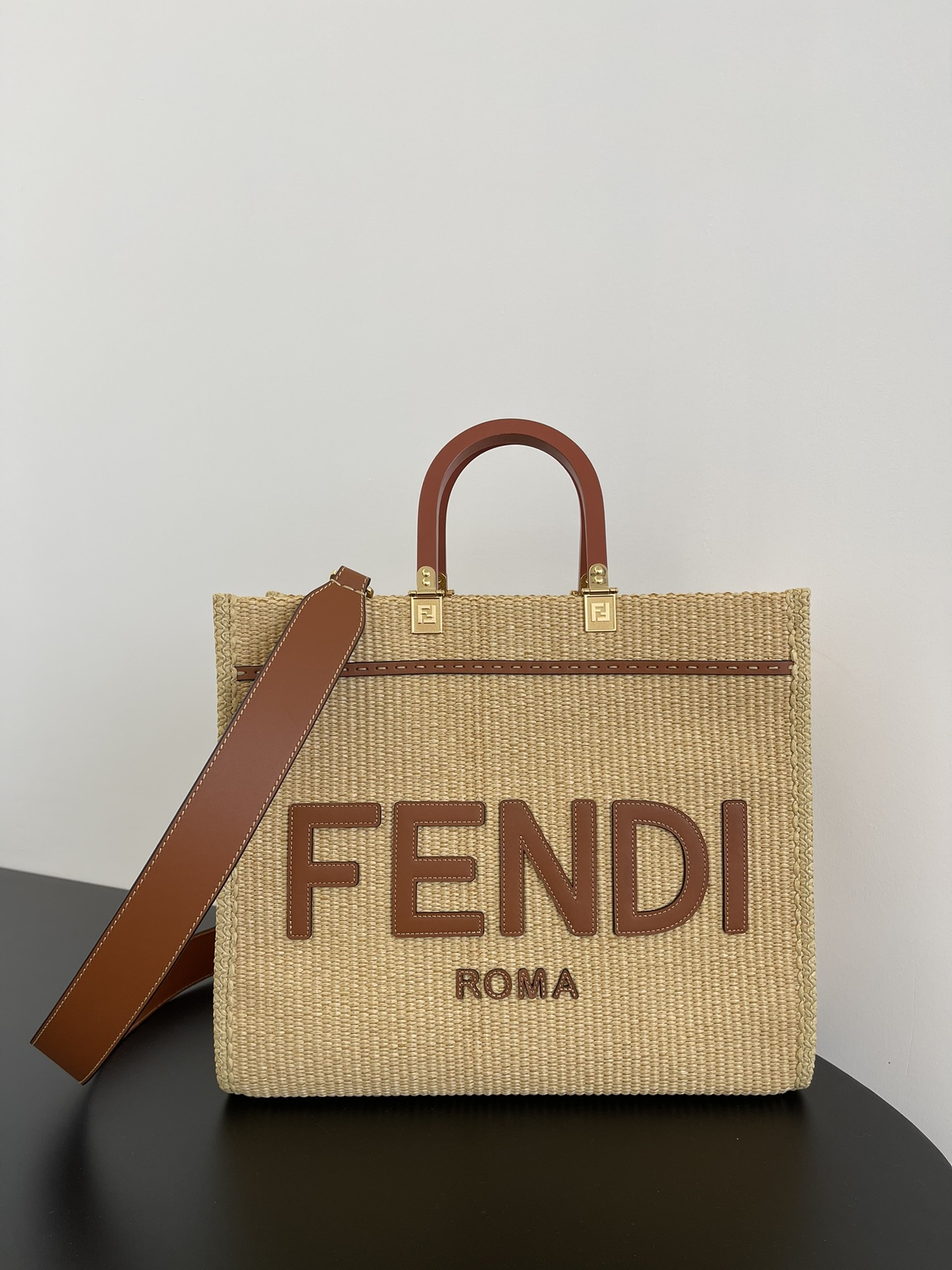 TOP FENDI Braid Sunshine Tote Bags 31x17x35cm - Caramel