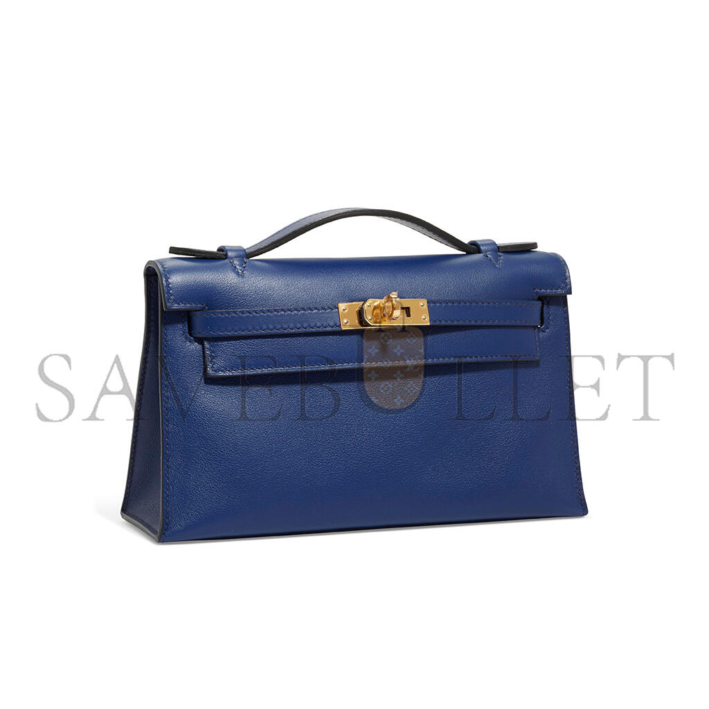 HERMÈS A BLEU SAPHIR SWIFT LEATHER KELLY POCHETTE WITH GOLD HARDWARE (22*14*7cm)