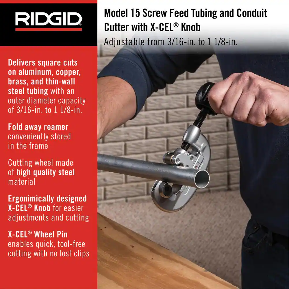3/16 in. to 1-1/8 in. Model 15 Screw Feed Copper Pipe & Aluminum Tubing Cutter w/ Fold Away Reamer + Spare Wheel