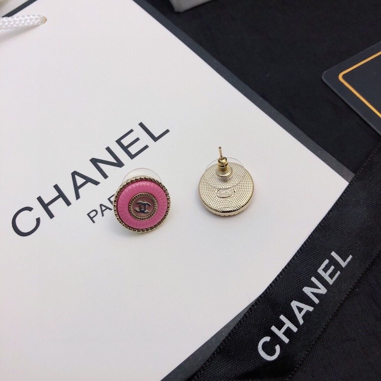 TOP CHANEL Double C Metal Round Stud Earrings - Pink
