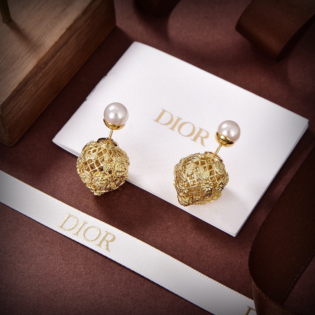 TOP Christian Dior CD Pearl Hollow Ball earrings - Gold