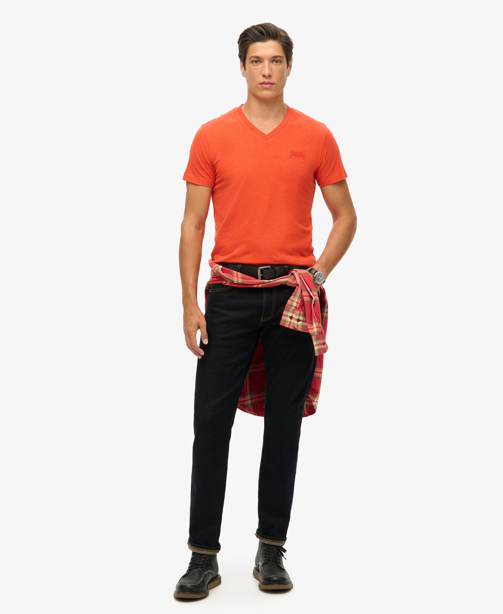 Essential Logo Embroidered Vee Tee | Bright Orange Marle