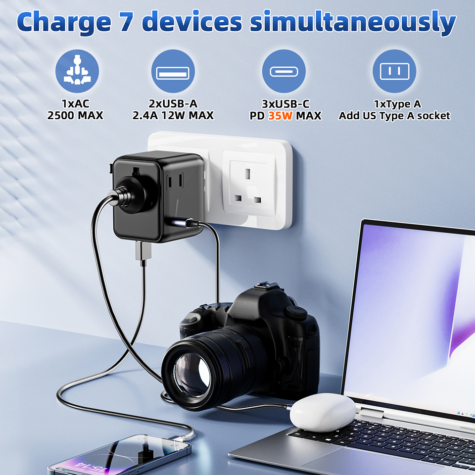 2500W PD 35W Multi-Plug Travel Socket Small Size Gan Multi Plug for International Travel Adapter with Custom Logo for Travel